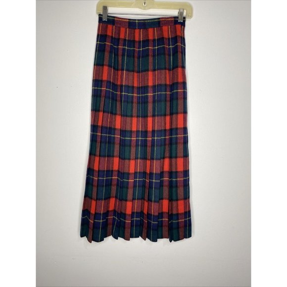 PRESWICK & MOORE Wool Plaid Pleated Skirt Sz 4 Red Green Midi Made Scotland - Picture 1 of 5